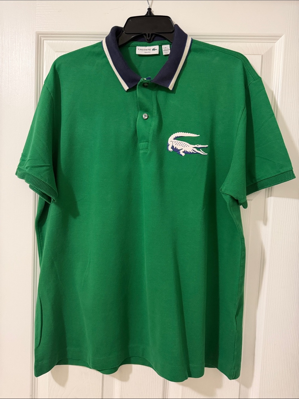 Lacoste Green Polo with Navy Collar and White Croc Emblem